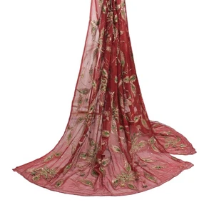 Sushila Vintage Maroon Scrap Dupatta Pure Chiffon Zari Sequins Work Long Stole - Picture 1 of 12