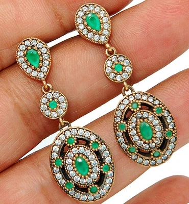 Ottoman Empire Style 5CT Treated Emerald 925 Sterling Silver Earrings TE1 - Image 1 of 2