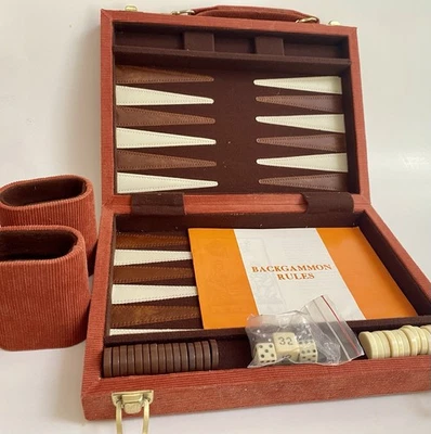 Vtg. Backgammon Burnt Orange Corduroy Case & Game Travel Set - Image 1 of 4