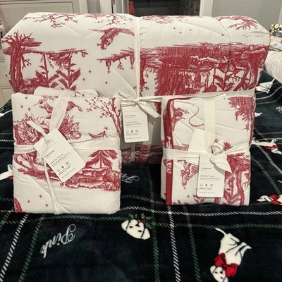 Pottery Barn Reversible Christmas Santa Toile Comforter & Shams NWT Rare HTF - Image 1 of 4