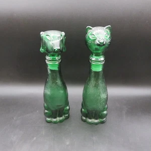 Vintage Empoli Decanter Set Cat & Dog Emerald Green Glass Bottle MCM 9” Stopper - Picture 1 of 16