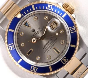 Rolex Submariner Date 16613 Two Tone 18k & S/Steel 40mm Watch-Gray Diamond Dial - Picture 1 of 10