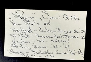 Russ Van Atta 3x5 signed Inscription autographed index card Browns NY Yankees