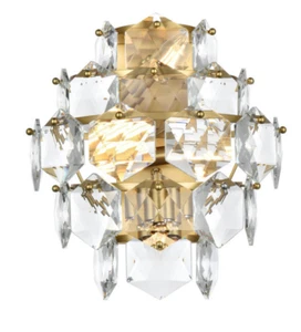 CRYSTAL WALL SCONCE LIGHT FIXTURE SATIN GOLD HIGH QUALITY LIVING DINING ROOM 15" - Picture 1 of 7