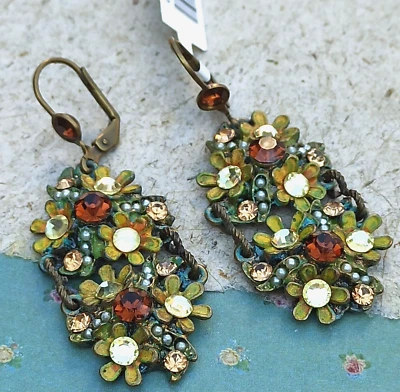 Michal Negrin Earrings Chunky Autumn Brown Yellow Green Crystals Pearls New Gift - Image 1 of 4
