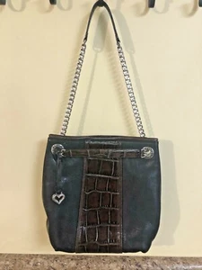 BRIGHTON Black Leather Handbag w/ Brown crocodile Front - Picture 1 of 12