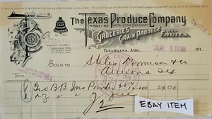 Arche TEXARKANA 1918. The TEXAS PRODUCT COMPANY Billhead Lebensmittel Getreide und Obst - Bild 1 von 1