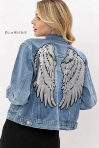Neu VOCAL Damen PAILLETTEN ENGELSFLÜGEL JEANSBLAU PAILLETTEN JEANSJACKE S M L XL - Bild 1 von 6