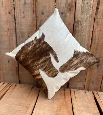 Leather engraved and Hand painted Cushion Cover-"Horse family love- Real Hair on - Image 1 of 4