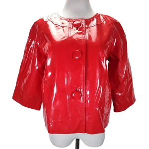 Vintage 90s Red PVC Vinyl Crop Jacket Size S Oversized 90s Does 60s Button Front - Picture 1 of 15