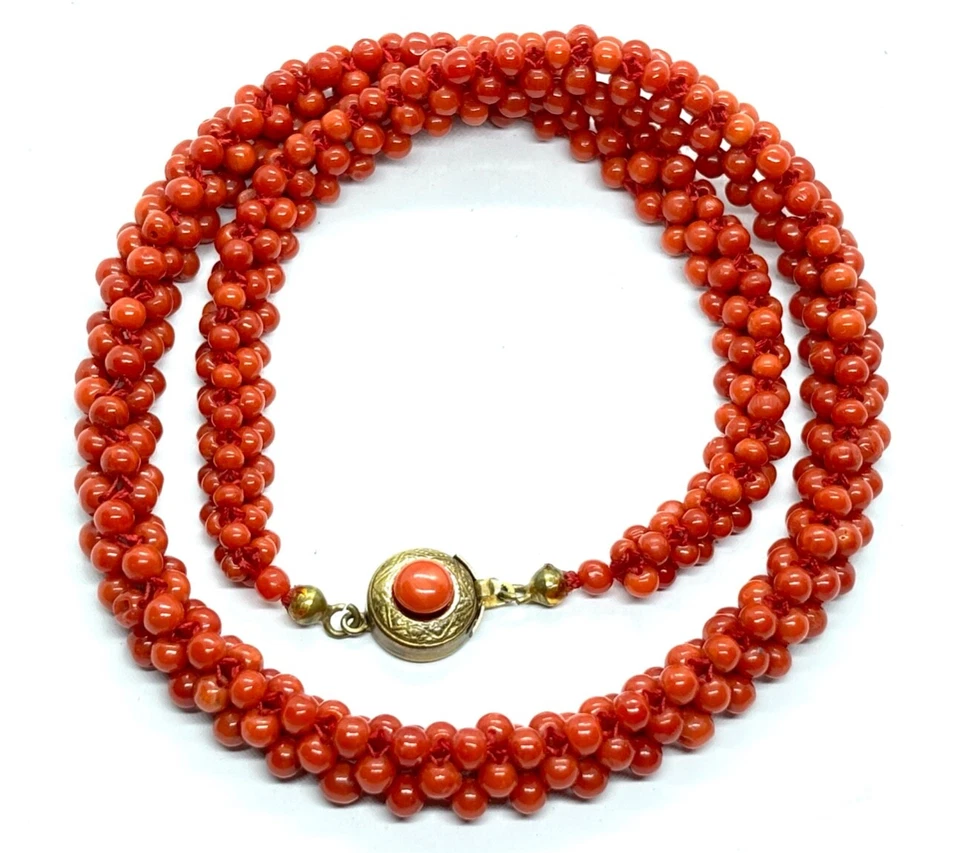 Antique Art Deco Red Coral Beaded Necklace With 800 Silver Gilt Push Clasp 16” - Image 1 of 4