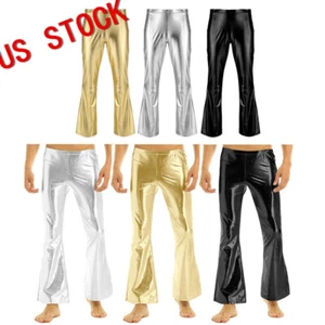 Mens Shiny Metallic Flared Pants 70s Disco Dance Dude Trousers Bell Bottoms - Picture 1 of 35