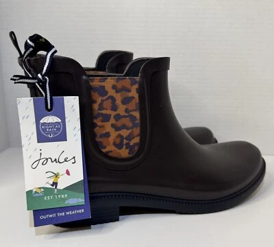 NUEVO CON ETIQUETAS Bota de Lluvia Joules Rutland Marrón Oscuro Leopardo Tobillo Corto Talla 10 Foto 1 de 4