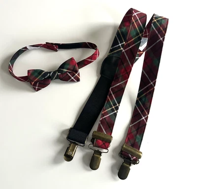 Juego de vacaciones con tirantes y pajarita Janie And Jack para niños 2T 3T rojo verde a cuadros  Foto 1 de 4