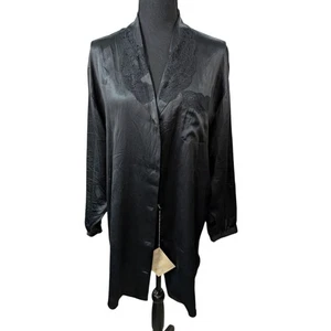 NUEVO CON ETIQUETAS Chaqueta Larga Vintage Ria 100% Seda Negra Bata Plumero Encaje Ribete Hong Kong M - Imagen 1 de 13