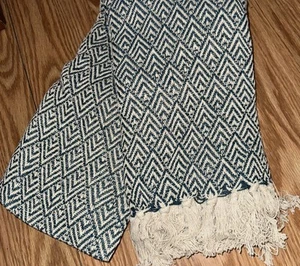 New! Blue Teal White Diamond Pattern Homespun Throw, 50x60 with 2.5” Fringe - Picture 1 of 3