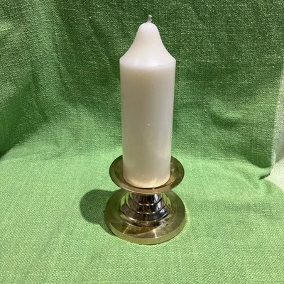Vintage Brass Pillar Candle Holder With Candle 7cm H X 9cmW - Image 1 of 4