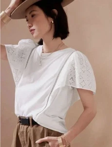 Banana Republic Damen Strick weiß Ösen Flatterärmel Baumwolle Top Größe Large - Bild 1 von 8
