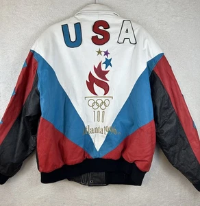 Vintage 90's 1996 Atlanta Olympics Leather Bomber Jacket Red White Blue Men XL - Picture 1 of 21