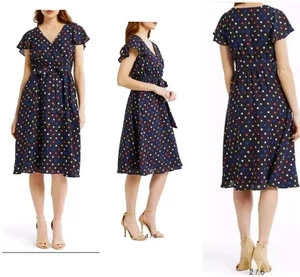 ModCloth Fits of Bliss 50s Style Polka Dot Flutter Sleeve Navy Belted Dress M - Picture 1 of 10