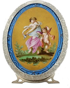 Antigua placa de retrato de porcelana francesa victoriana marco de plata de ley ornamentado - Imagen 1 de 12
