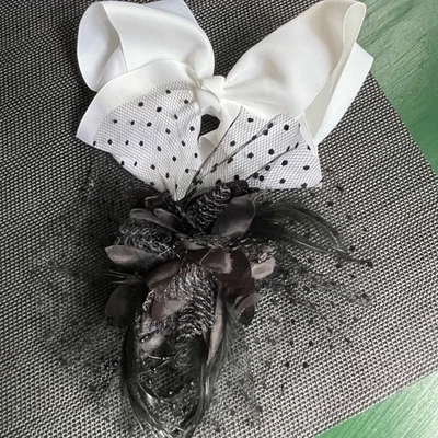 8” Black Gothic Crinoline Silk Petals Feathers Veil Hair Clip+ White Bow Barette - Image 1 of 3