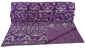 Indian Queen Kantha Quilt Ikat Print Purple Craft Bedspread Cotton Gudari Throw - Picture 1 of 6