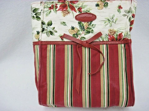 LONGABERGER CHRISTMAS PONSETTIAS RED STRIPED TOTE PURSE LUNCH BAG FAUX LEATHER Cover