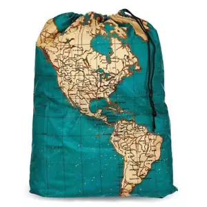 Kikkerland World Map Atlas Travel Laundry Bag Uni Clothes Wash Drawstring Basket - Picture 1 of 3