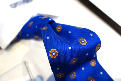 Bruno Marchesi Silk Tie Neck Royal Blue Gold White Dot Flower Medallion - Image 1 of 2