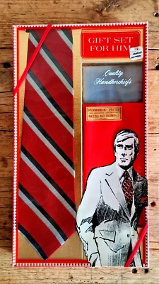 Vintage Mens Neck Tie Red Stripe Gray Handkerchief Gift Set for Him Boxed New - Image 1 of 4