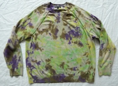 Tie Dye Green Purple V-Neck Pullover Sweater - XL Mens Hand Made Cotton - Image 1 of 4