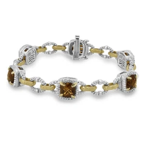 CHARLES KRYPELL STERLING SILVER & 14K YELLOW GOLD COGNAC QUARTZ STATION BRACELET - Picture 1 of 8