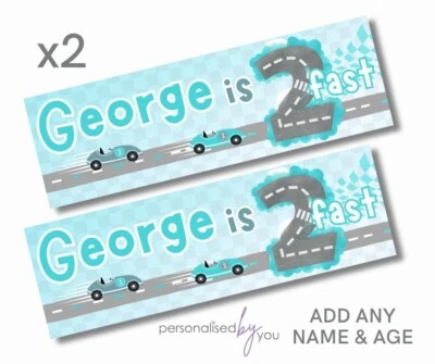 MADVINYL 2x Personalised is 2 Fast Racing Car Theme 2nd Birthday Banner LARGE Poster Kids