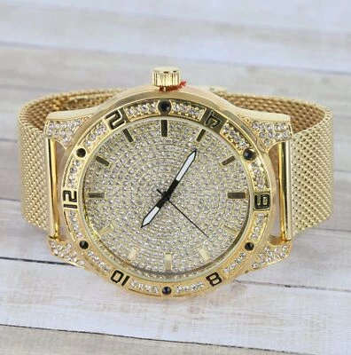 Reloj de acero inoxidable con bisel y esfera de hielo de 54 mm con acabado dorado para hombre  Foto 1 de 4