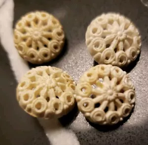 4 Lot Set Antique Early Ornately Carved Buttons White - Picture 1 of 8