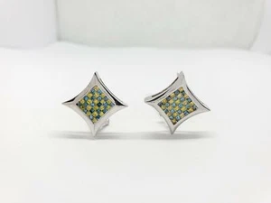 14k White Gold Fancy Blue Yellow Princess Diamond Stud Earrings - Picture 1 of 6