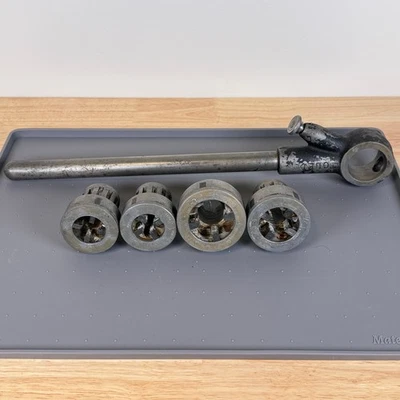 Vintage Toledo Pipe Threader 4 Piece Set (3/4 1/2 3/8 1/4) w/ Ratchet Handle - Image 1 of 4