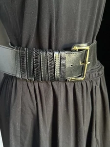 Vintage Wide Black Leather Belt Gold Buckle Retro Timeless Style - Picture 1 of 5