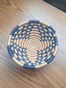 Handmade Coil Baskets Boho Wall Art Spiral Weave Basket 7" Blue And Camel Color - Picture 1 of 2