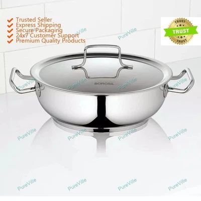 Borosil Flat Kadhai con tapa fondo unido al impacto acero inoxidable 1,8 litros Foto 1 de 4