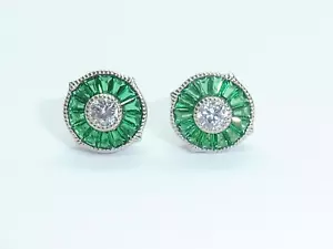 Ladies Target Design Solid 925 Sterling Silver Emerald & White Sapphire Earrings - Picture 1 of 8