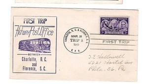 1949 First Trip Cover. Highway Post Office Between Charlotte, NC and Florence SC - Picture 1 of 1