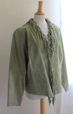 Dialogue Sz L Elegant Soft Green Boho Western Artsy Fringed Suede Leather Jacket - Image 1 of 4