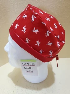 Moose (Red) Men's Skull/Chemo Surgical Scrub Hat/Cap Handmade - Picture 1 of 7