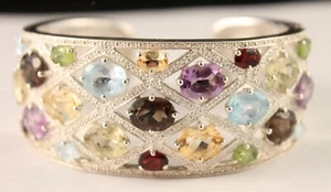 Sterling Silver 23ct QVC Cut Multi-Color Gemstone Hinged Cuff Bracelet Gorgeous - Picture 1 of 15
