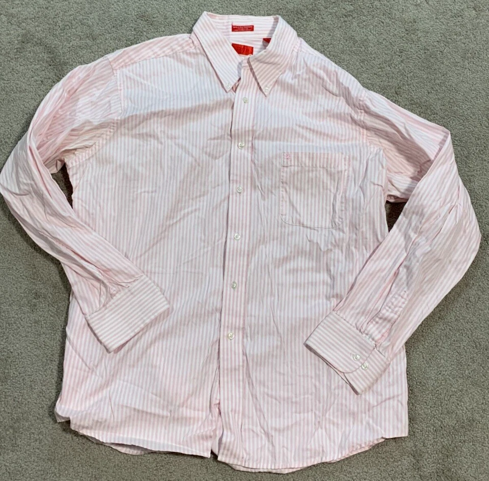 IZOD 80's 2-Ply Pinpoint Button Down Dress Shirt Mens 17.5 36/37 Pink Stripe - Image 1 of 4