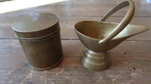 Antique Tinned Brass Tea Caddy and Creamer Chinese Floral Designs 3" - Picture 1 of 9