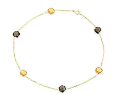 14K Yellow Gold Anklet Bracelet With Citrine And Smoky Topaz Gemstones 10 Inches Foto 1 de 2