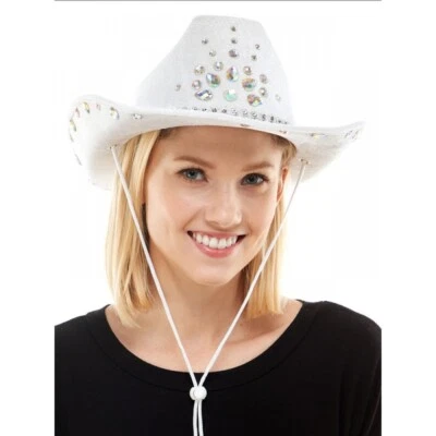 White Rhinestone Cowboy Hat Festival Fancy Dress Up Halloween Costume Accessory - Image 1 of 2